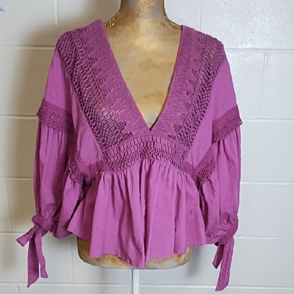 Free People Raspberry Boho Cotton Crochet Ruffled Dobby embroidered Blouse Top - Picture 1 of 13